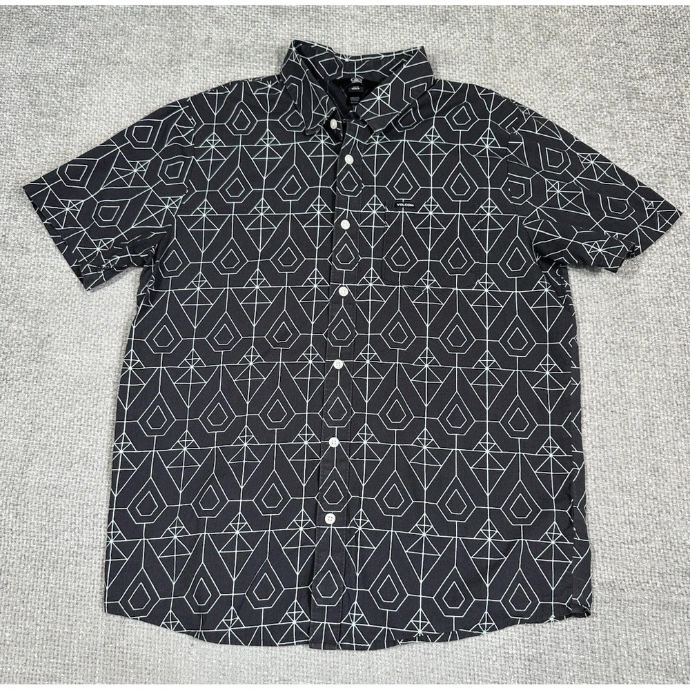 Volcom Shirt Mens Medium Gray Geometric Button Up Short Sleeve Skater
